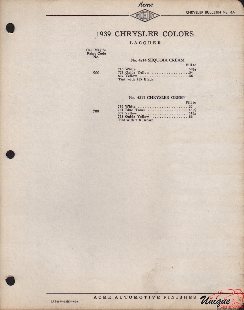 1939 Chrysler Paint Charts Acme 2